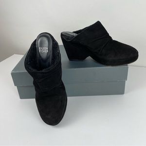 Eileen Fisher platform shearling suede wedge clogs black 6